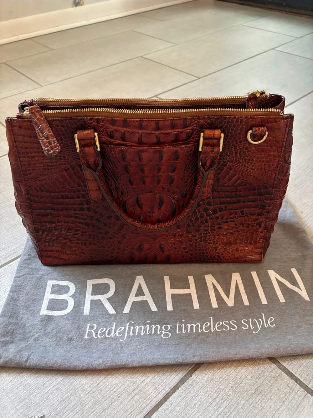 Brahmin Burnt Brown Croc-Embossed Leather Satchel